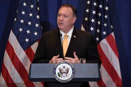U.S. Secretary of State Mike Pompeo speak during a press conference at the Palace Hotel on the sidelines of the 74th session of the United Nations General Assembly in New York City