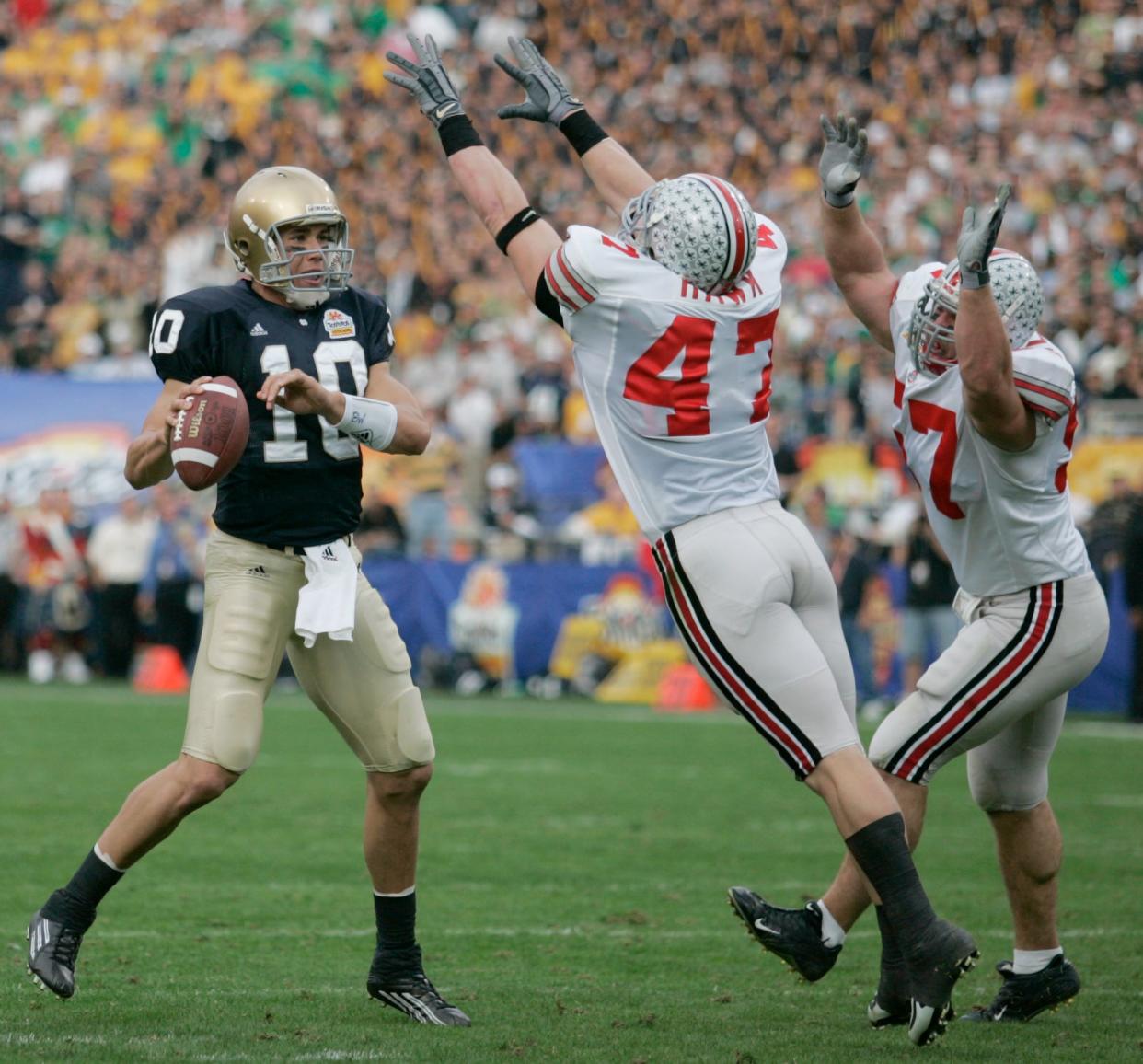 Dublin Coffman graduate Brady Quinn played quarterback at Notre Dame before being drafted by the Cleveland Browns.