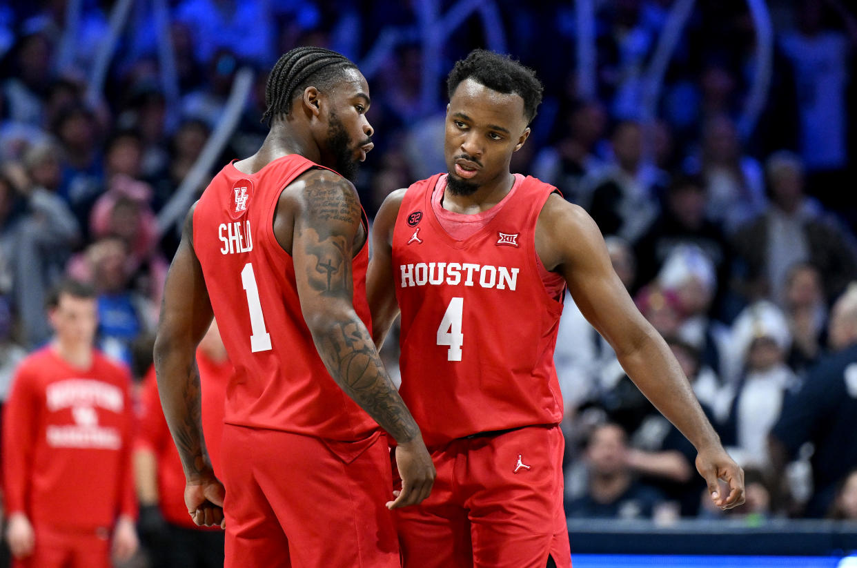 LJ Cryer, right, and Big 12 Player of the Year Jamal Shead hope to lead Houston to its first NCAA championship. (G Fiume/Getty Images)