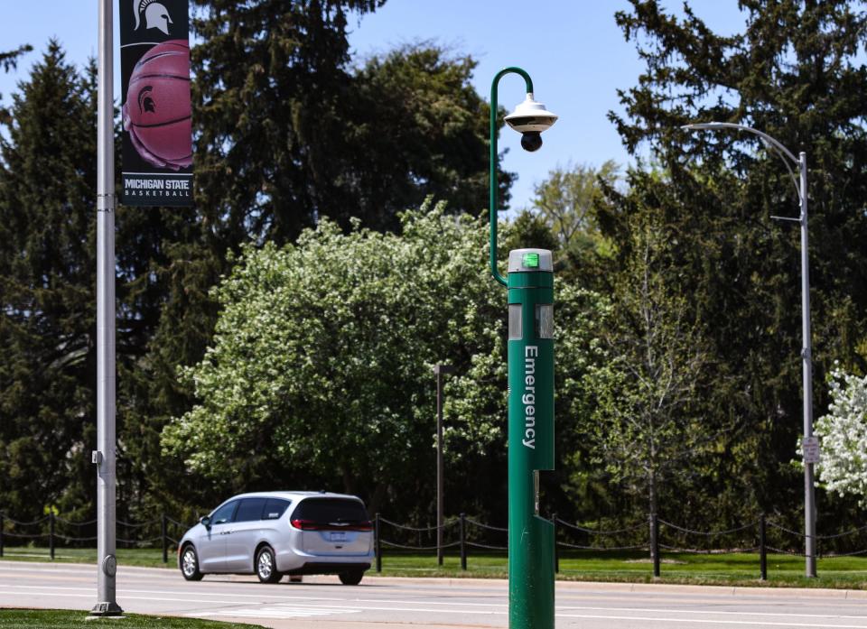 An emergency call station with a camera mounted atop on the campus of Michigan State University near the Breslin Center, seen Wednesday, May 10, 2023.