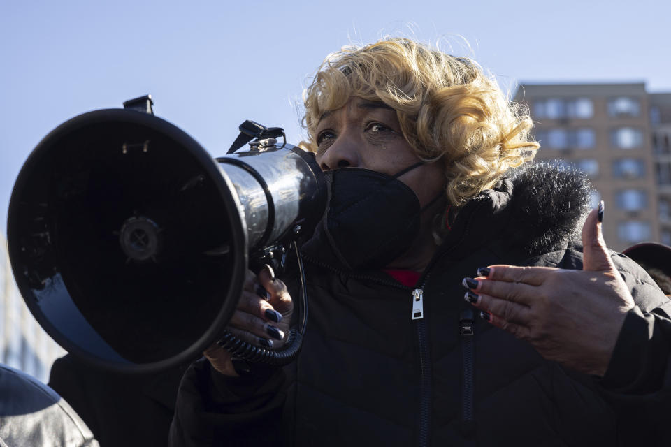 Gwen Carr, mother of Eric Garner, speaks during a news conference organized by the National Action Network near the scene of shooting in Harlem section of Manhattan on Saturday, Jan. 22, 2022, in New York. New York City police officer Jason Rivera and Officer Wilbert Mora were shot Friday night while answering a call about an argument between a woman and her adult son. Mora, 27, was critically wounded and “fighting for his life” said Mayor Eric Adams on Saturday. (AP Photo/Yuki Iwamura)