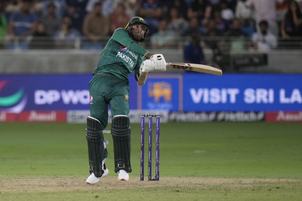 Pakistan's Shahnawaz Dahani plays a shot during the T20 cricket match of Asia Cup between India and Pakistan, in Dubai, United Arab Emirates, Sunday, Aug. 28, 2022. (AP Photo/Anjum Naveed)