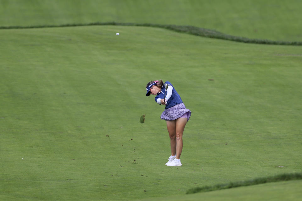 Paula Creamer plays a shot from the fourth fairway during the second round of the LPGA Tour Kroger Queen City Championship golf tournament in Cincinnati, Friday, Sept. 9, 2022. (AP Photo/Aaron Doster)
