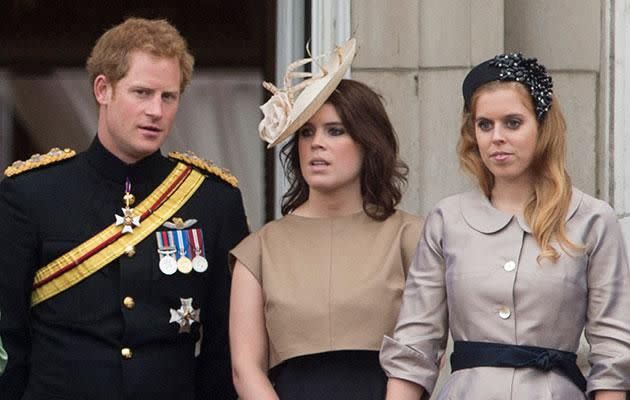 Prince Harry with his cousins Princess Beatrice and Princess Eugenie. Source: Getty Images.