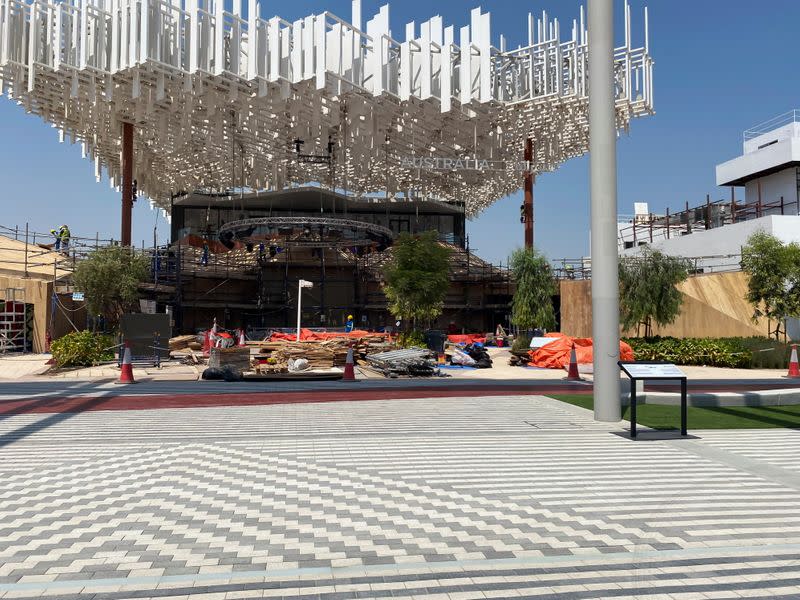 Construction workers are seen at the Expo 2020 Dubai site in Dubai