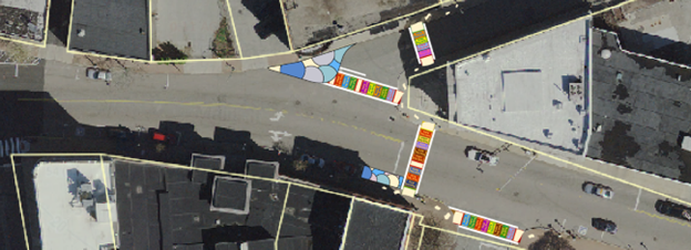 A plan for new crosswalks for Main Street in Norwich near Cliff Street. There is also a bump-out area by Reliance Health's building and a parklet spot by G.O.A.T.S.