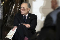 Sen. Chuck Schumer, D-N.Y., attends a ceremony to unveil a portrait honoring former Speaker of the House John Boehner on Capitol Hill, Tuesday, Nov. 19, 2019, in Washington. (AP Photo/Michael A. McCoy)