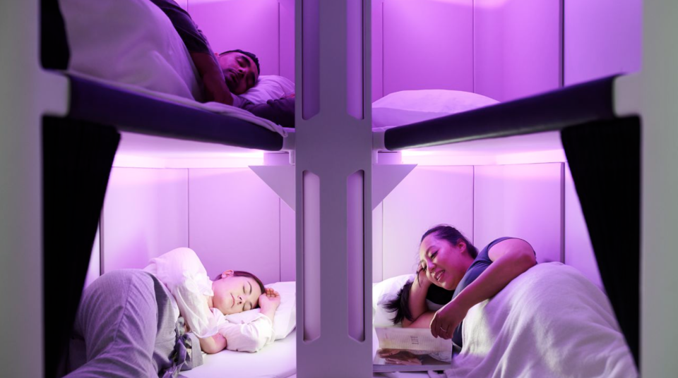 Skynest, la propuesta de Air New Zealand para sus vuelos de más largo recorrido. Se trata de unas cabinas con camas para los pasajeros de la clase turista. Foto: Air New Zealand. 
