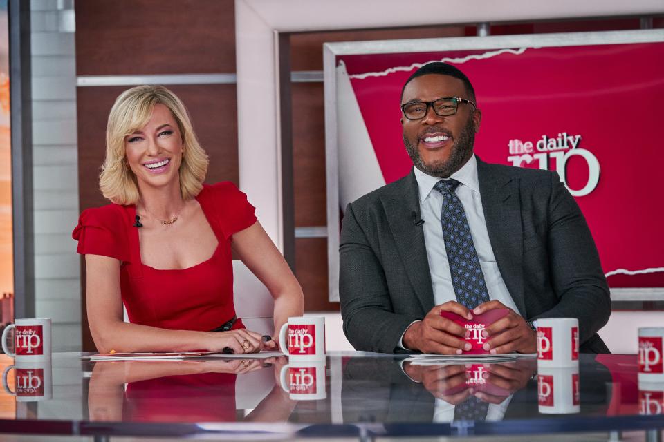 From left, Cate Blanchett as Brie Evantee and Tyler Perry as Jack Bremmer in "Don't Look Up."