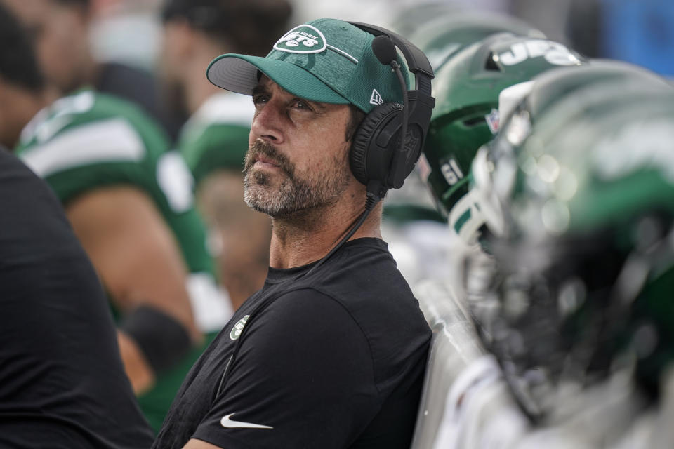 Aaron Rodgers and the New York Jets have a tough schedule to start the season. (AP Photo/Erik Verduzco)