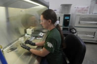 California Cultured lab technician Aubrey McKeand works on cell cultures in the company's lab in West Sacramento, Calif., Wednesday, Aug. 28, 2024. (AP Photo/Jeff Chiu)