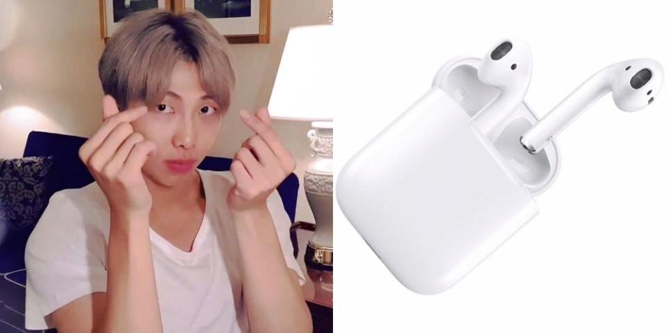 Fans of BTS were shocked to find out how much Kim must have spent to replace his lost AirPods. — Picture from Twitter/namtiddies and Apple