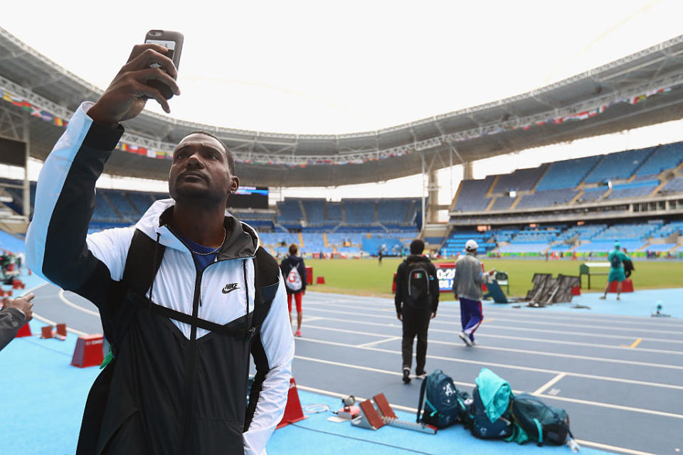 Even Justin Gatlin's eyes are on Justin Gatlin at the 2016 Summer Olympics. (Getty Images)