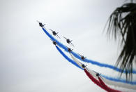 French Alpha Jets Patrouille de France fly over the premiere of the film 'Top Gun: Maverick' at the 75th international film festival, Cannes, southern France, Wednesday, May 18, 2022. (AP Photo/Daniel Cole)