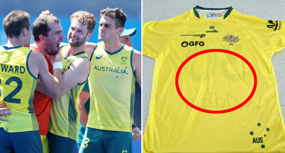 Aussie sporting fans have hit out after Kookaburras star Andrew Charter exposed a glaring detail in the jerseys of the men's national hockey team. Pic: Getty/LinkedIn