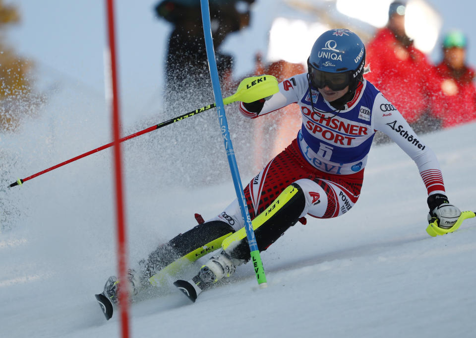 Austria's Bernadette Schild competes during the first run of an alpine ski, women's World Cup slalom, in Levi, Finland, Saturday, Nov. 17, 2018. (AP Photo/Gabriele Facciotti)