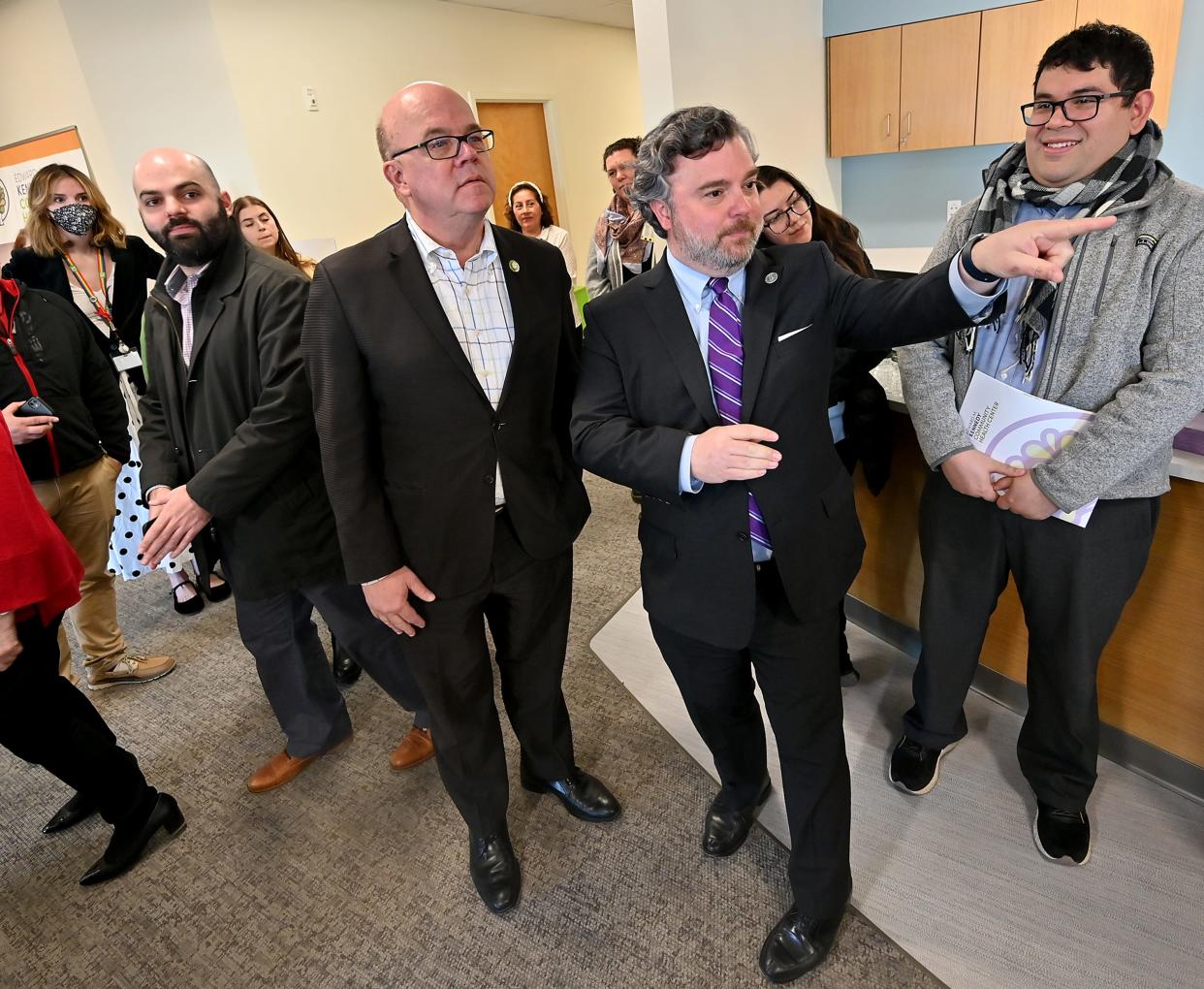 Stephen J. Kerrigan, center, president and CEO of Kennedy Community Health, gives U.S. Rep. James P. McGovern a tour Monday of the Kennedy Community Health Center on Lincoln Street in Worcester.