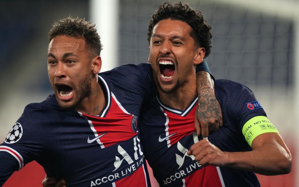 Paris Saint-Germain's Marquinhos (right) celebrates with Neymar after scoring their side's first goal of the game during the UEFA Champions League Semi Final -  Julien Poupert/PA Wire