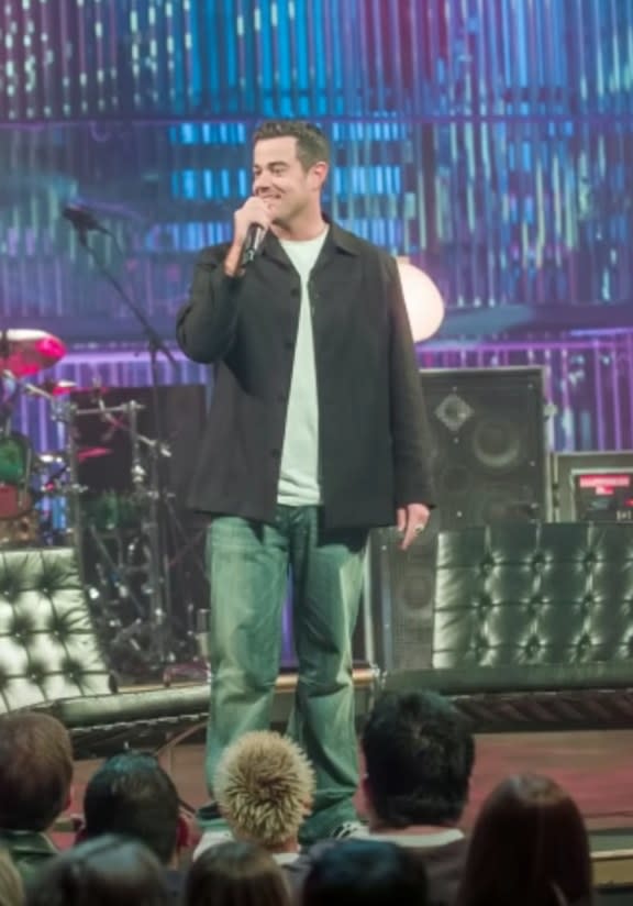 Carson Daly speaks in front of a live studio audience during a taping of "Last Call with Carson Daly"