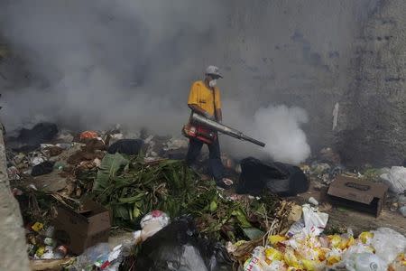 A municipal worker fumigates a garbage dump during a fumigation campaign at the Petare slum to help control the spread of the mosquito-borne Zika virus in Caracas, February 3, 2016. REUTERS/Marco Bello
