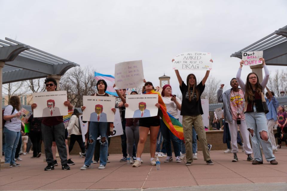 WT students protest for a second day Wednesday in response to university president's cancellation and comments about an on-campus drag show in Canyon, Texas.