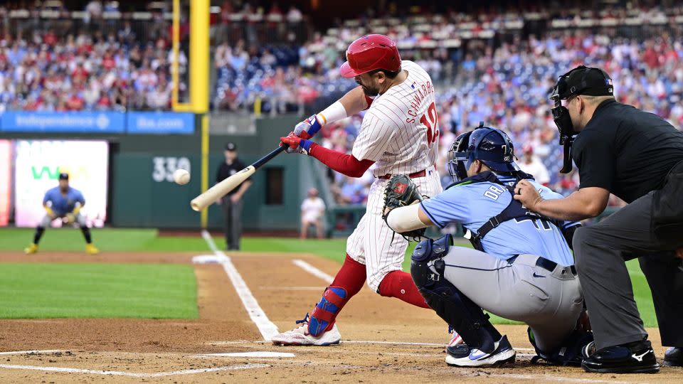 Schwarber hits a solo home run off Tampa Bay Rays' Taj Bradley in the first inning. - Derik Hamilton/AP