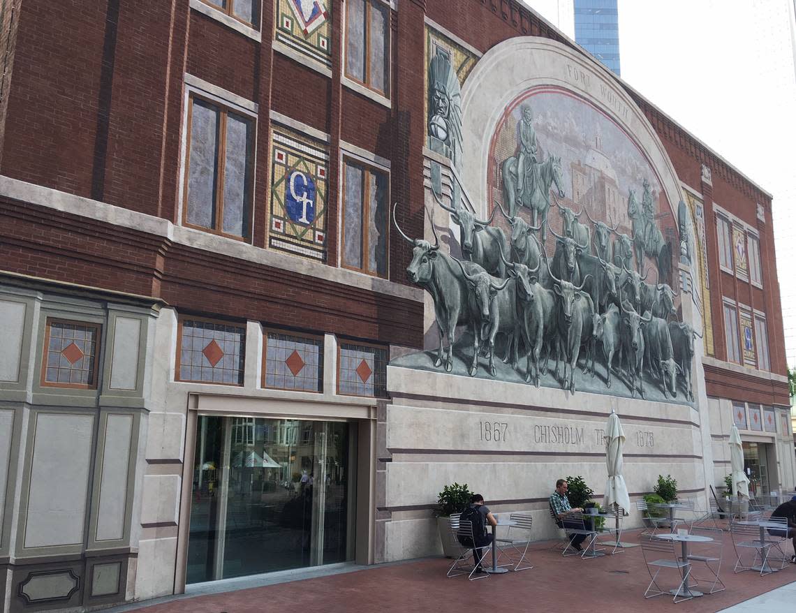 The 1985 mural ‘Chisholm Trail’ adorns a building that was once the Fort Worth headquarters of Northern Texas Traction Co., which operated the interurban, the electric trolley service between Fort Worth and Dallas.