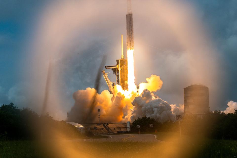 A SpaceX Falcon Heavy rocket with the Psyche spacecraft launches from NASA's Kennedy Space Center in Cape Canaveral, Florida, on October 13, 2023. The spacecraft is bound for Psyche, an object 2.2 billion miles (3.5 billion kilometers) away that could offer clues about the interior of planets like Earth.