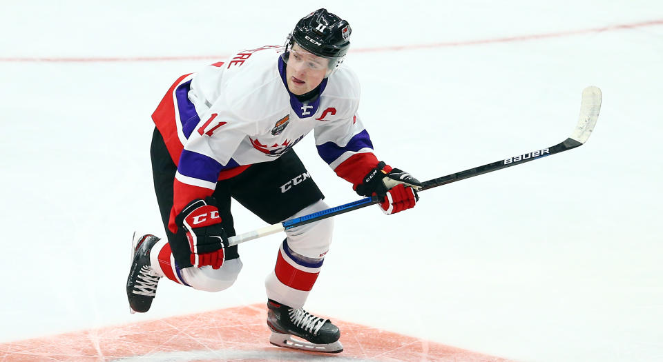 HAMILTON, ON - JANUARY 16:  Alexis Lafreniere #11 of Team White skates during the 2020 CHL/NHL Top Prospects Game against Team Red at FirstOntario Centre on January 16, 2020 in Hamilton, Canada.  (Photo by Vaughn Ridley/Getty Images)