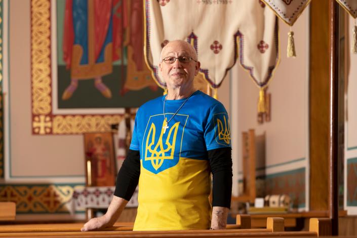 First generation American Joe Spolowicz wears a jersey with a Tryzub cross at St. Michael&#39;s Ukrainian Greek Catholic Church in Milwaukee. The Tryzub is the ubiquitous symbol of Ukraine. The church, which has about 50 members, is one of two Ukrainian Catholic Churches in Wisconsin.