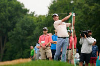 Harris English hits from the rough on the 12th hole during the second round of the Travelers Championship golf tournament at TPC River Highlands, Friday, June 24, 2022, in Cromwell, Conn. (AP Photo/Seth Wenig)