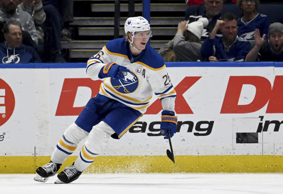 Buffalo Sabres right wing Kyle Okposo (21) celebrates his overtime goal against the Tampa Bay Lightning in an NHL hockey game Thursday, Feb. 29, 2024, in Tampa, Fla. (AP Photo/Jason Behnken)