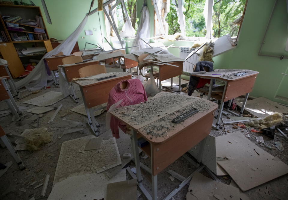 A view shows a school destroyed during Russia's invasion of Ukraine in the town of Marinka.