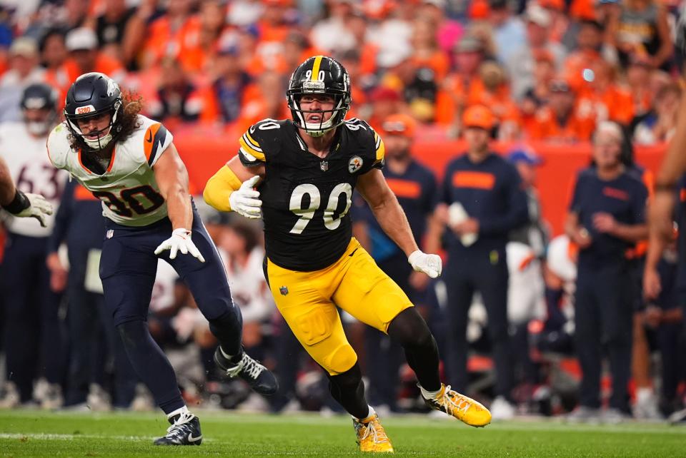 Sep 15, 2024; Denver, Colorado, USA; Pittsburgh Steelers linebacker TJ Watt (90) during the second half against the Denver Broncos at Empower Field at Mile High. Credit: Ron Chenoy-Imagn Images