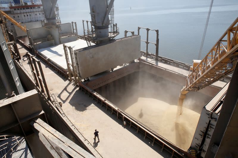 FILE PHOTO: A dockyard worker watches as barley grain is poured into a ship in Nikolaev