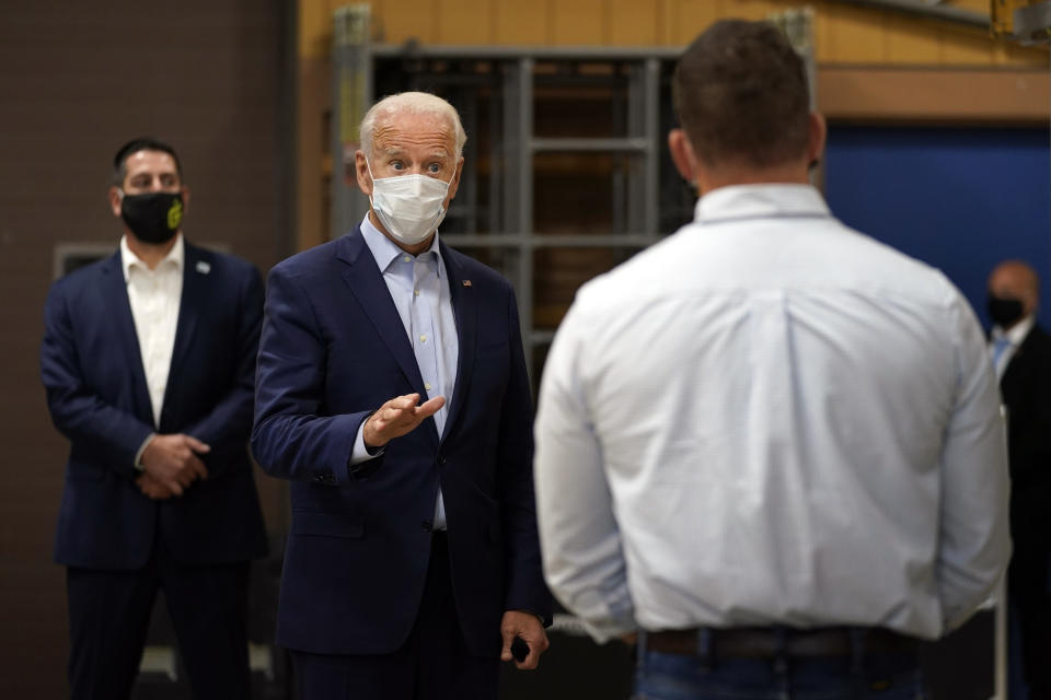 Democratic presidential candidate former Vice President Joe Biden tours a union training center in Hermantown, Minn., Friday, Sept. 18, 2020. (AP Photo/Carolyn Kaster)