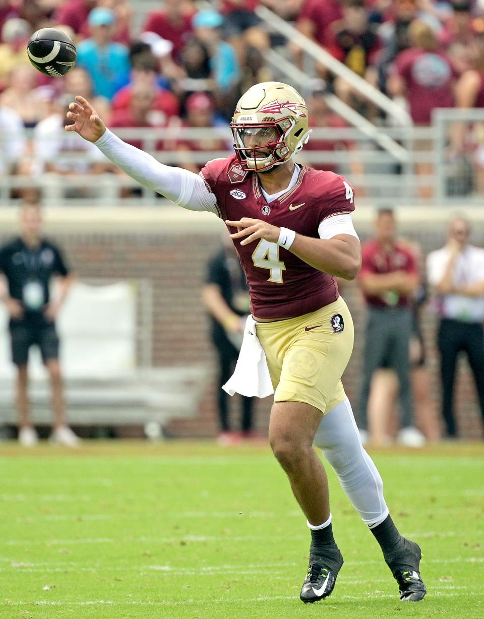 Sep 14, 2024; Tallahassee, Florida, USA; Florida State Seminoles quarterback DJ Uiagalelei (4) passes the ball against the Memphis Tigers during the first half at Doak S. Campbell Stadium. Mandatory Credit: Melina Myers-Imagn Images