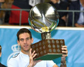 Tennis - Stockholm Open - Men Single Final - Stockholm, Sweden - October 22, 2017. Juan Martin Del Potro of Argentina celebrates with the trophy after wining with Grigor Dimitrov of Bulgaria. TT News Agency/Claudio Bresciani /via REUTERS