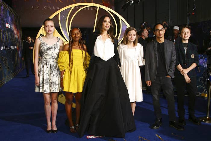 Shiloh Jolie-Pitt, Zahara Jolie-Pitt, Angelina Jolie, Vivienne Jolie-Pitt, Maddox Jolie-Pitt, and Knox Jolie-Pitt at the Eternals premiere on Oct. 27, 2021, in London