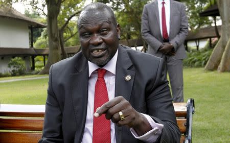 South Sudan's rebel leader Riek Machar speaks during an interview with Reuters in Kenya's capital Nairobi in this July 8, 2015 file photo. REUTERS/Thomas Mukoya/Files