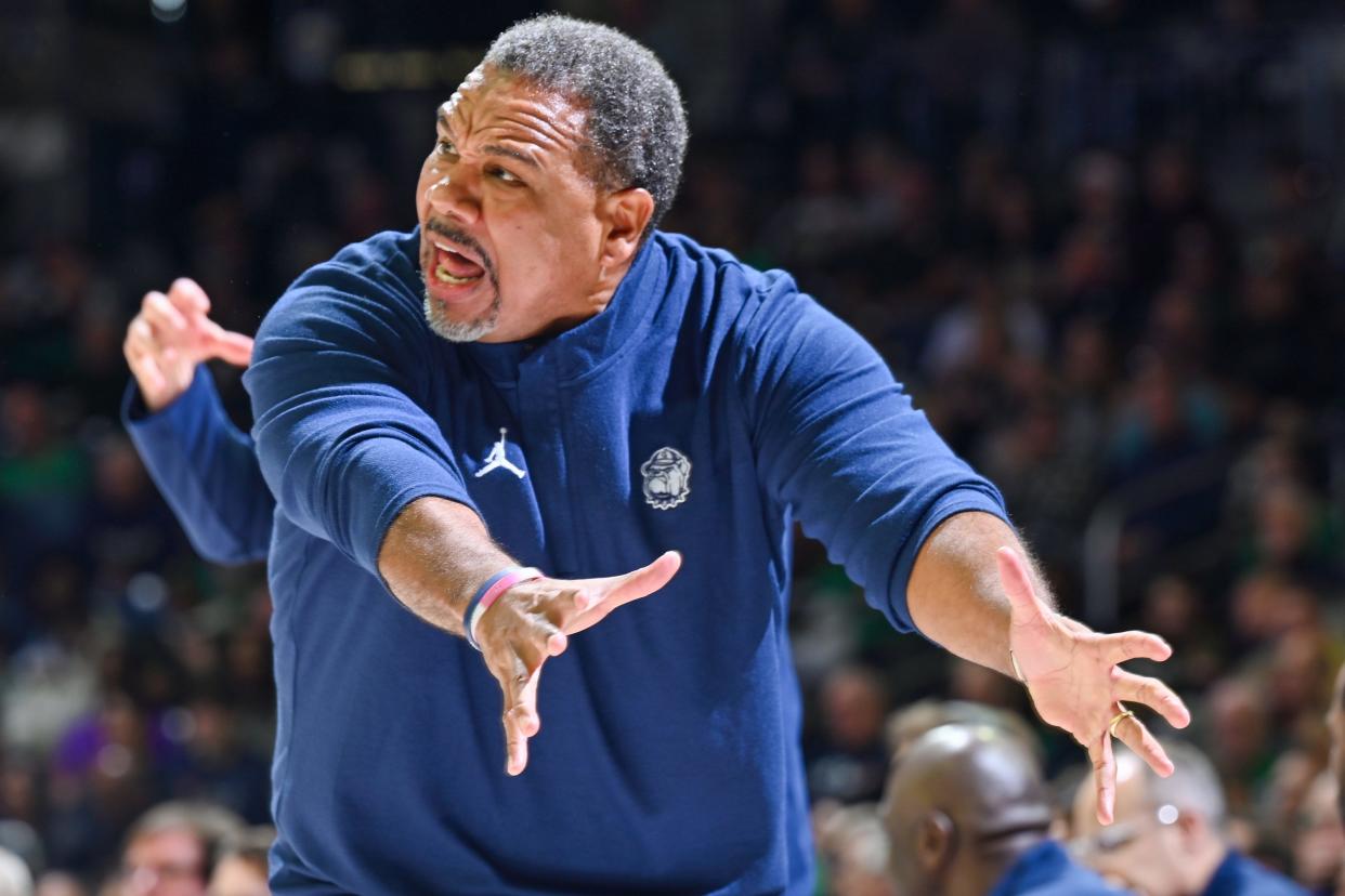 Georgetown head coach Ed Cooley gestures to his players during the game against Notre Dame on Dec. 16 at the Purcell Pavilion in South Bend, Ind.