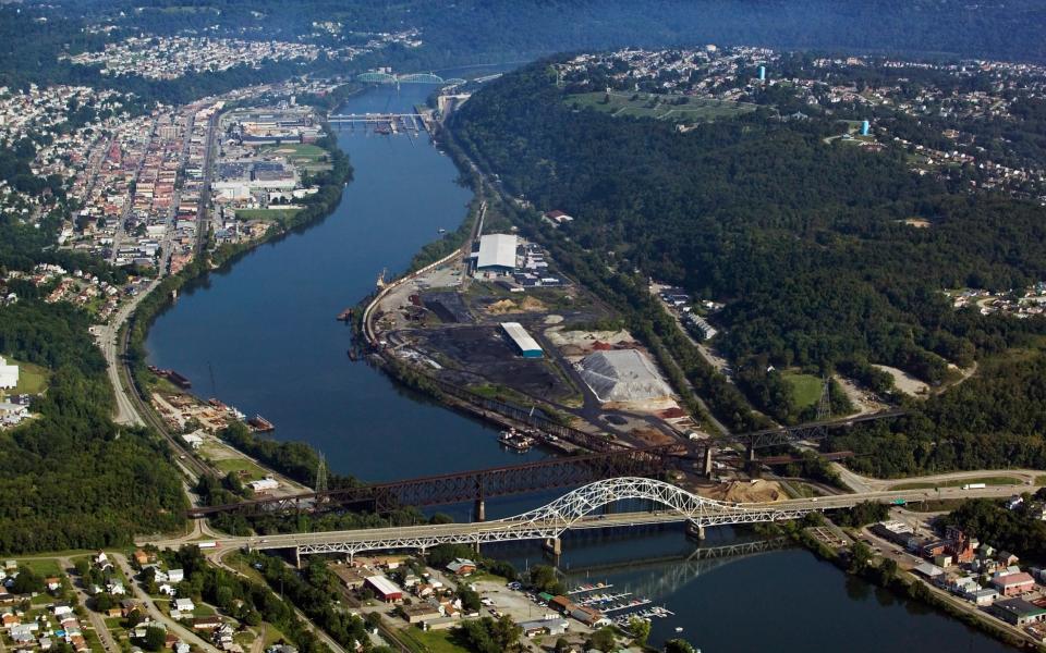 An aerial view above Monongahela river at Charleroi North Belle Vernon Pennsylvania interstate 70 crossing