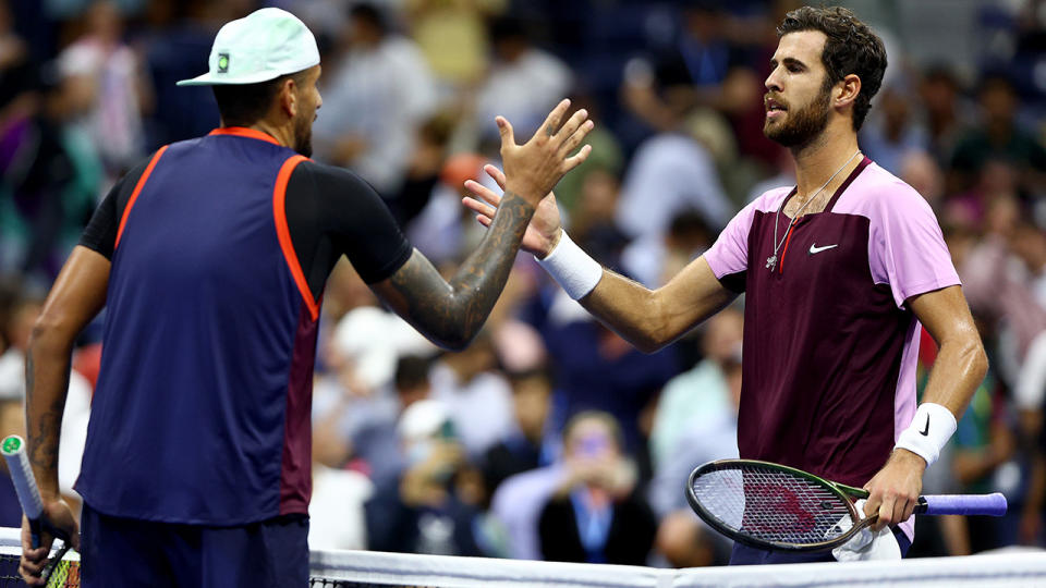 Nick Kyrgios and Karen Khachanov shake hands after their US Open quarter final.