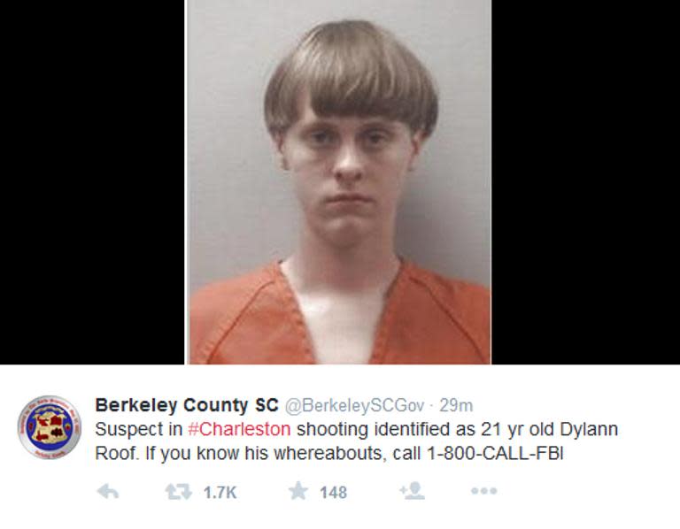 This undated photo from the Berkeley County, South Carolina Twitter site shows shooting suspect Dylann Roof