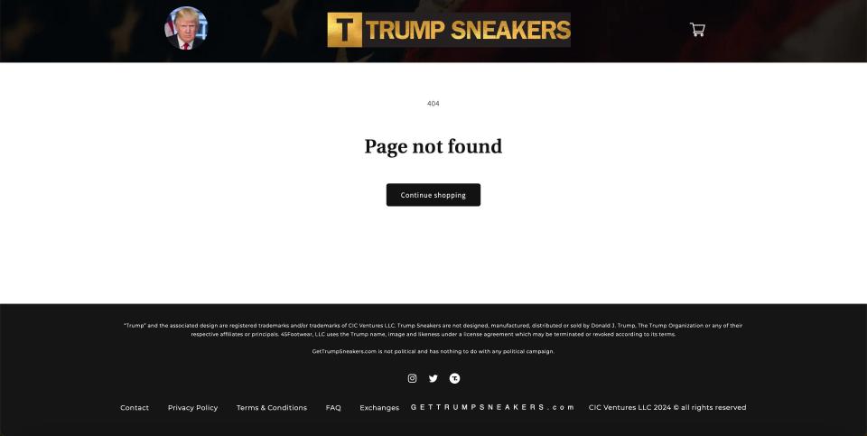 Screenshot of Get Trump Sneakers 404 webpage. 