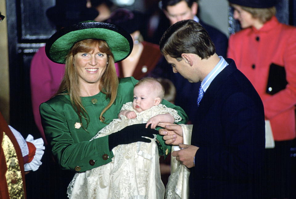 The Duchess of York and Prince Andrew at The Chapel Royal at St James' Palace for Princess Beatrice's christening on Dec. 20, 1988.