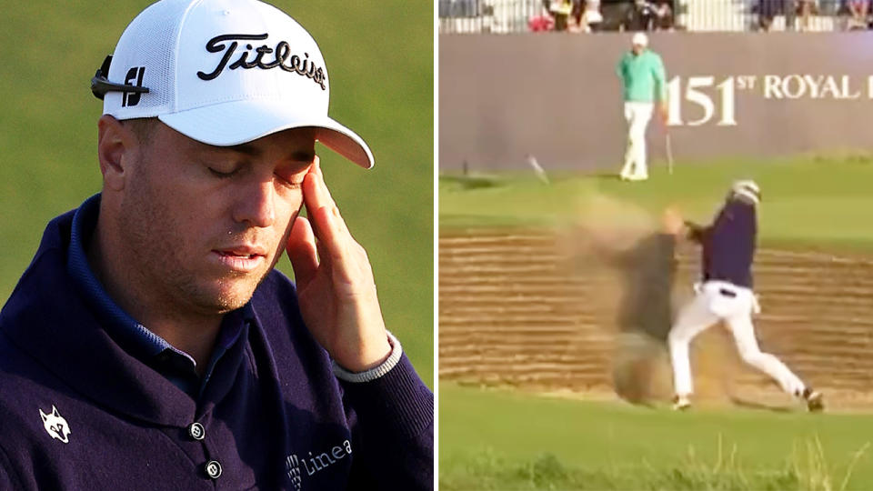 Justin Thomas reacts with frustration on the left, after his bunker shot pictured on the right.