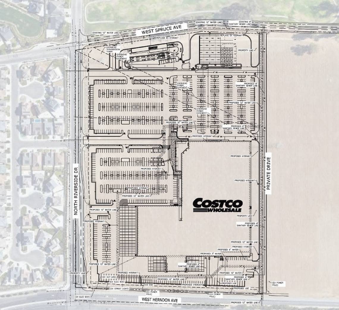 A site plan for a proposed Costco commercial center in northwest Fresno details where the new membership warehouse store would be built at the southeastern area of the site, as well as a gas station and car wash on the north side of the parking lot.