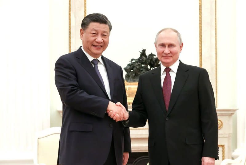 Russian President Vladimir Putin (R) meets with China's President Xi Jinping at the Kremlin in Moscow on March 20, 2023. Russia may count China as an important ally, but relationships like these are not nearly as strong as those enjoyed by the United States globally. File Photo by Kremlin Pool/UPI