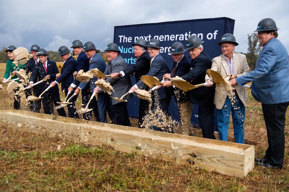 Officials shovel dirt during a groundbreaking ceremony in October for the TRISO-X Fuel Fabrication Facility at the Horizon Center Industrial Park located off the Oak Ridge Turnpike in Oak Ridge.